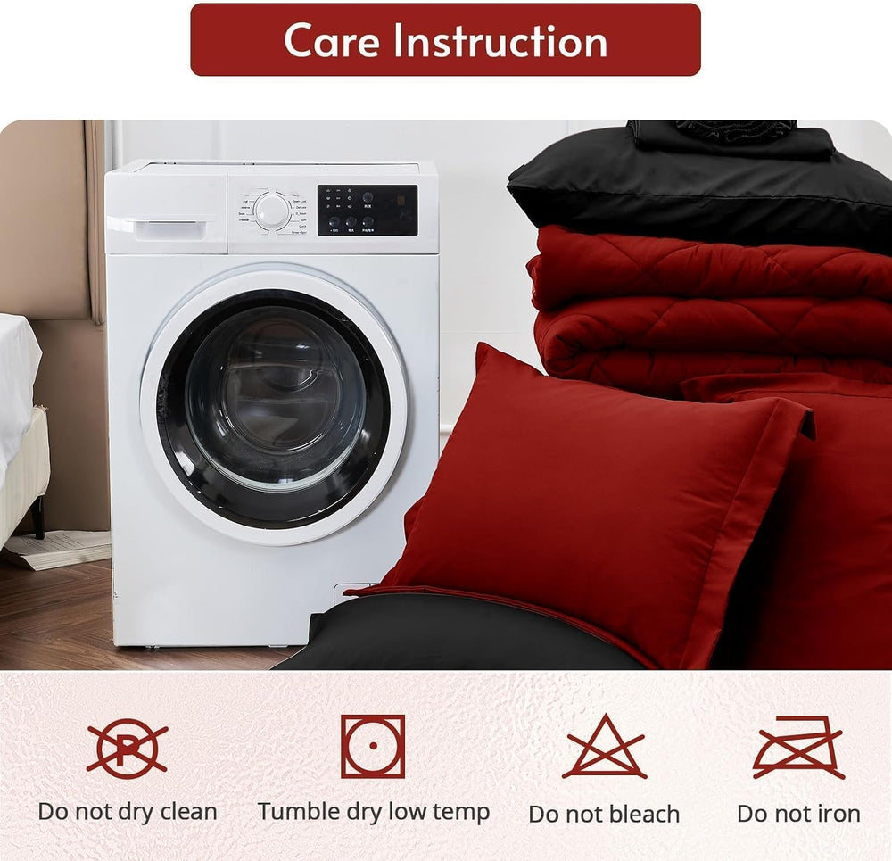 MUXHOMO King Comforter Set 7 Pieces, Reversible Bed in a Bag, Red/Black