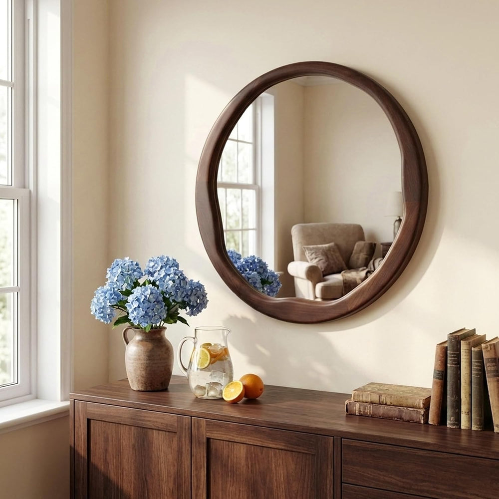 Dark Walnut 24 Inch Round Wood Wall Mirror, Asymmetrical Inner Edge