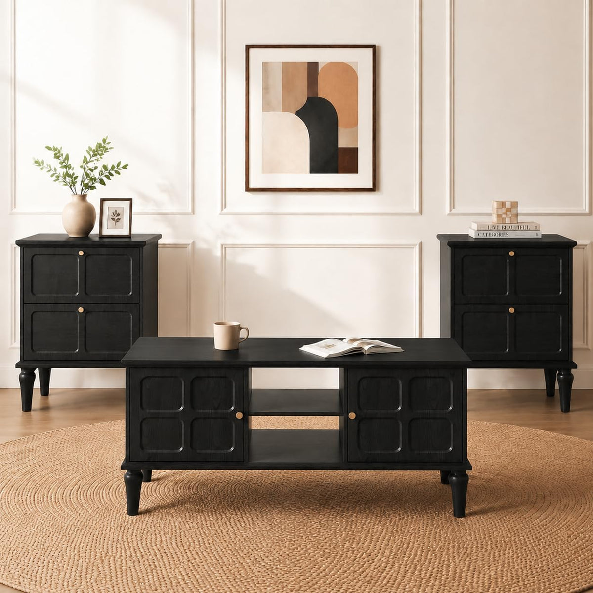 ARTPOWER 3 Piece Mid-Century Living Room Table Set, Black | Coffee Table and Nightstands Set 2 with Storage & Solid Wood Legs, Classic Mid-centry Style, Living Room Furniture Set