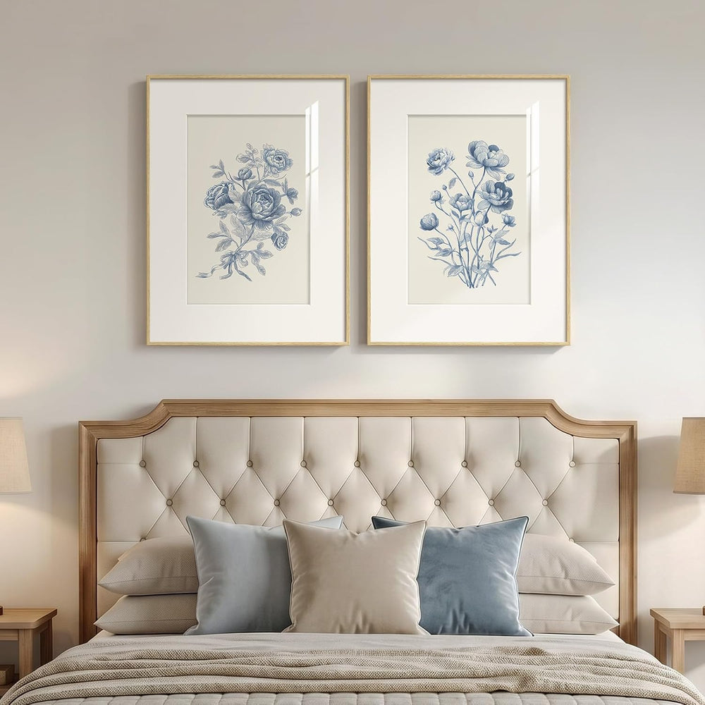 Framed Vintage Blue Floral Botanical Wall Art for Living Room, 2 Piece