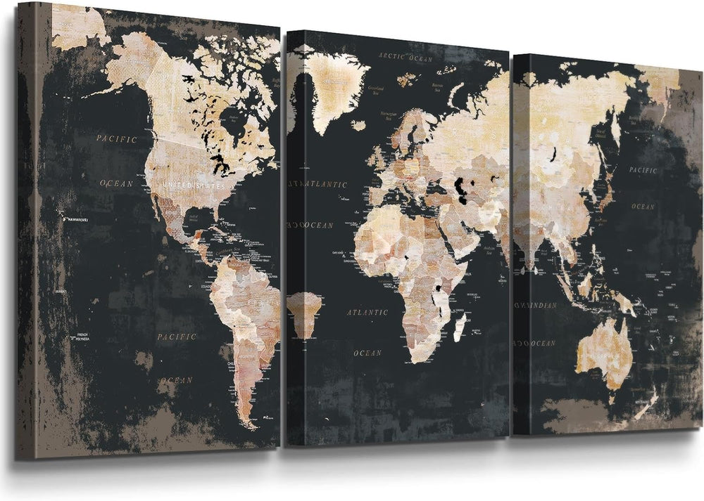 Office Wall Art for Living Room Bedroom Framed Black Vintage World Map