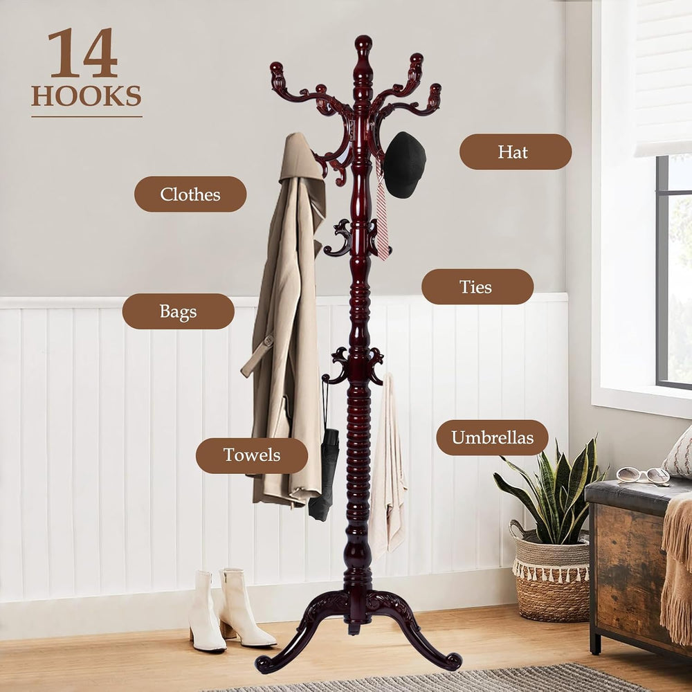 Wood Coat Rack Freestanding, Natural Coats Tree Stand with 14 Hooks, 73"...