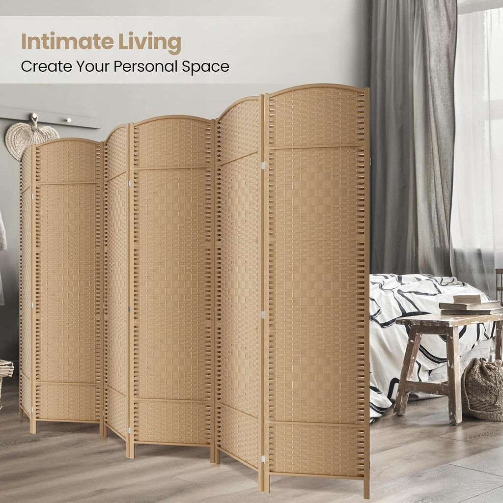 6 Panel Folding Room Divider,Woven Privacy Screen,Light Beige
