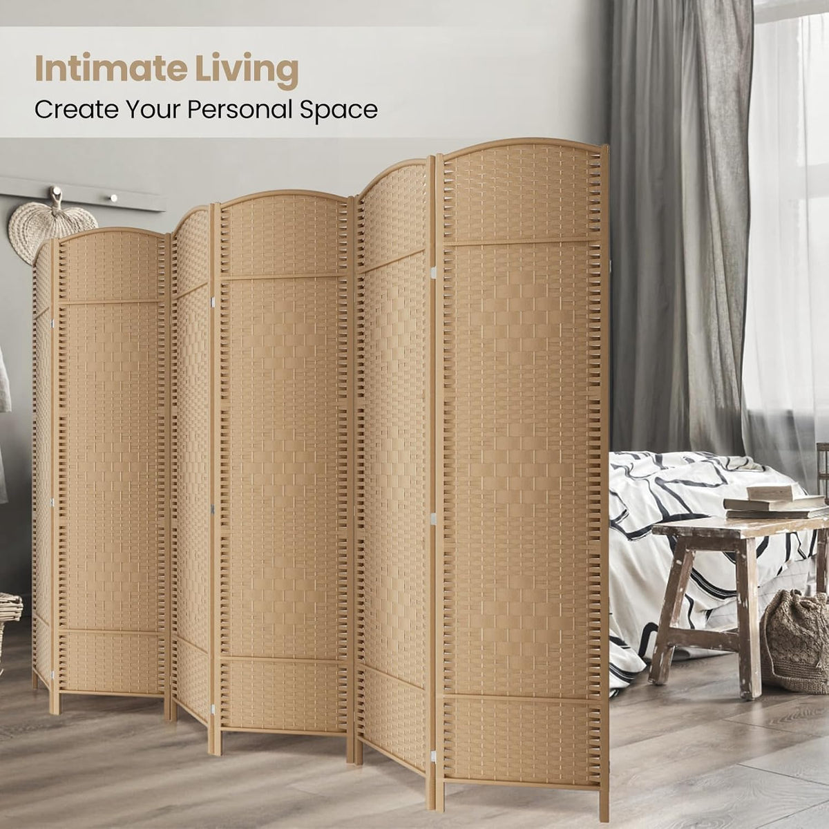 6 Panel Folding Room Divider,Woven Privacy Screen,Light Beige