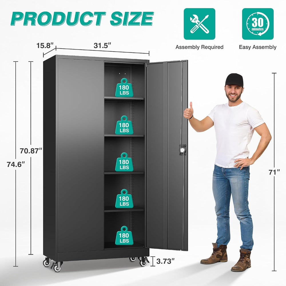 SISESOL 75" Tall Metal Storage Cabinet with Wheels,Rolling Garage Storag...