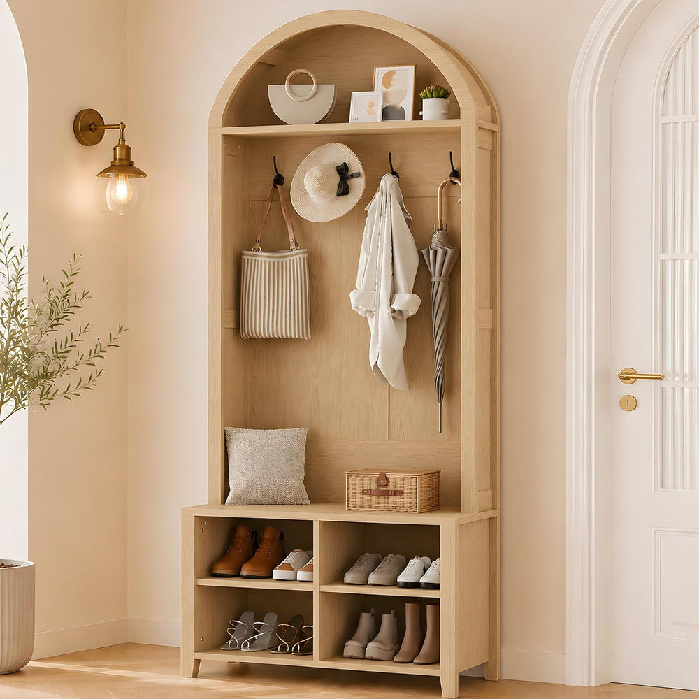 Arched Hall Tree with Bench and Shoe Storage (Oak, 32" W)