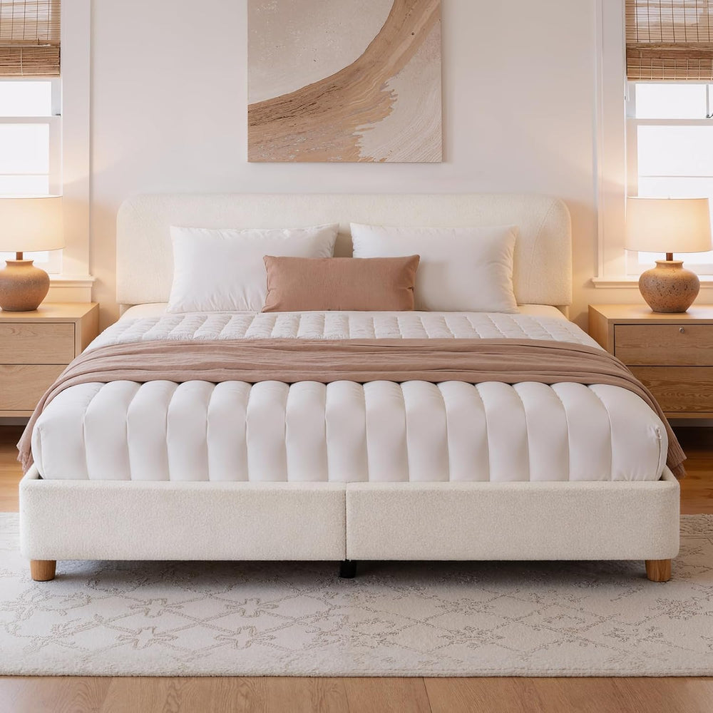 King Size Cloud Bed Frame, Boucle Wood Upholstered Platform Bed, Cream