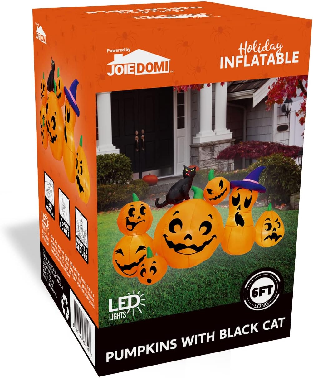Joiedomi 6 FT Long Halloween Inflatable Outdoor Decorations, Pumpkin Blow Up Yard Decorations, 7 Pcs Inflatable Pumpkin for Outside with Witch's Cat with Build-in LEDs for Halloween Decor