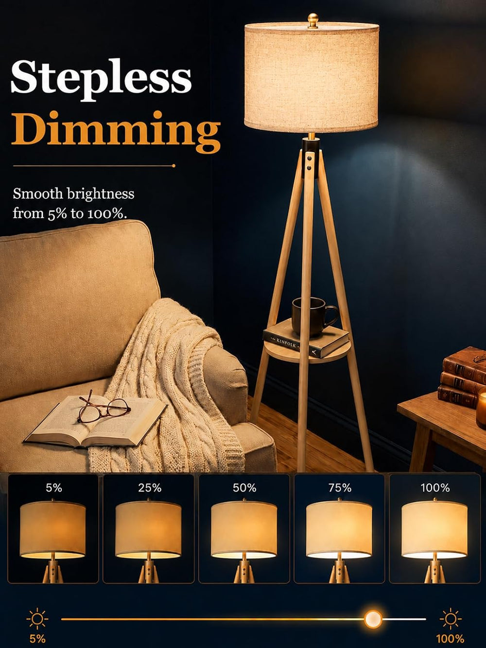 MOFFE Mid Century Solid Wood Tripod Floor Lamp with Tary & Remote Control