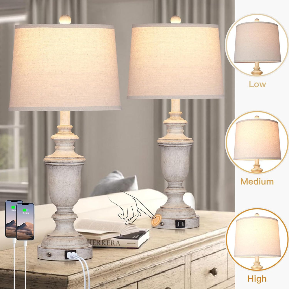 Cinkeda Farmhouse Table Lamps Set of 2 with USB Charging Port for Rustic Livi...