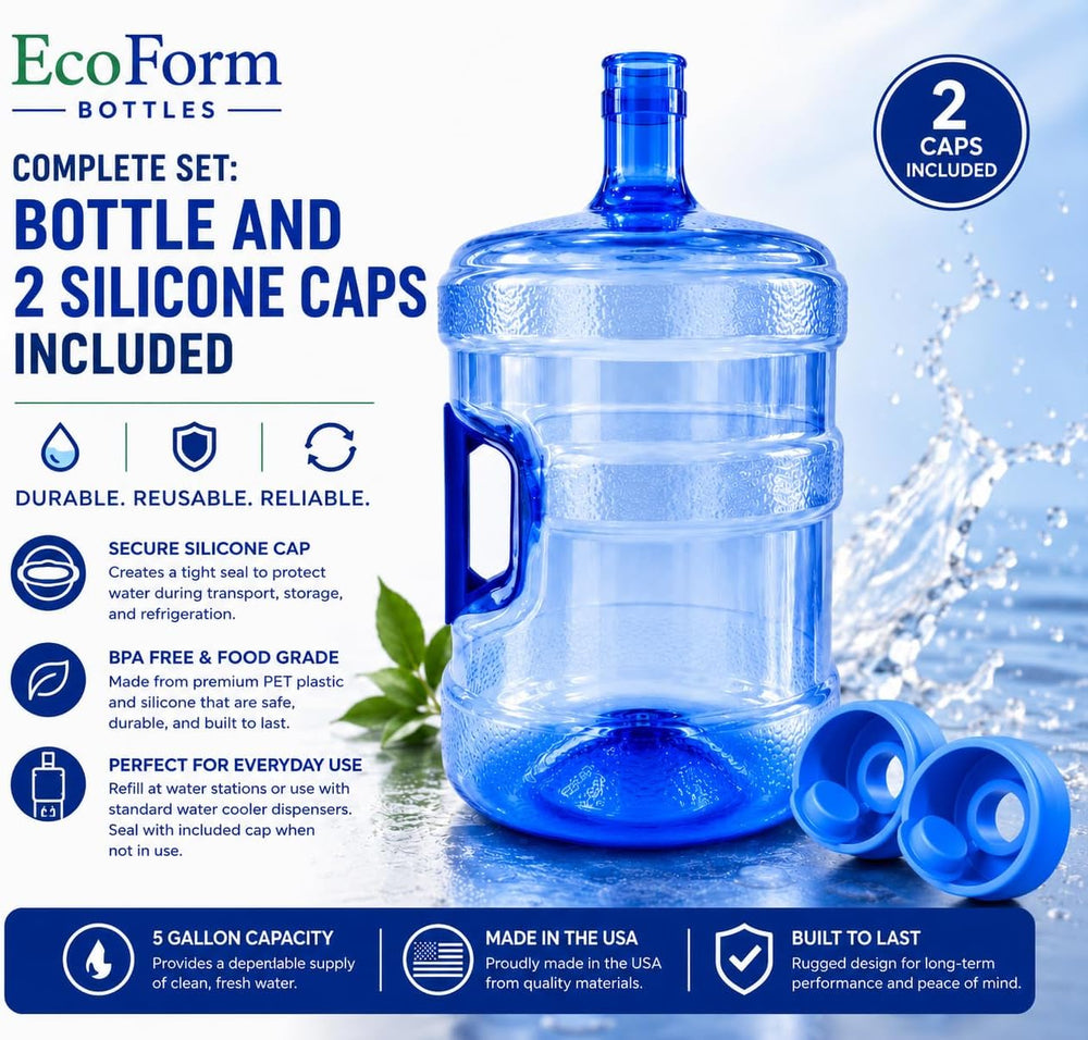 EcoForm 5 Gallon Water Jug with 2 Reusable Silicone Caps - BPA-Free Refillabl...