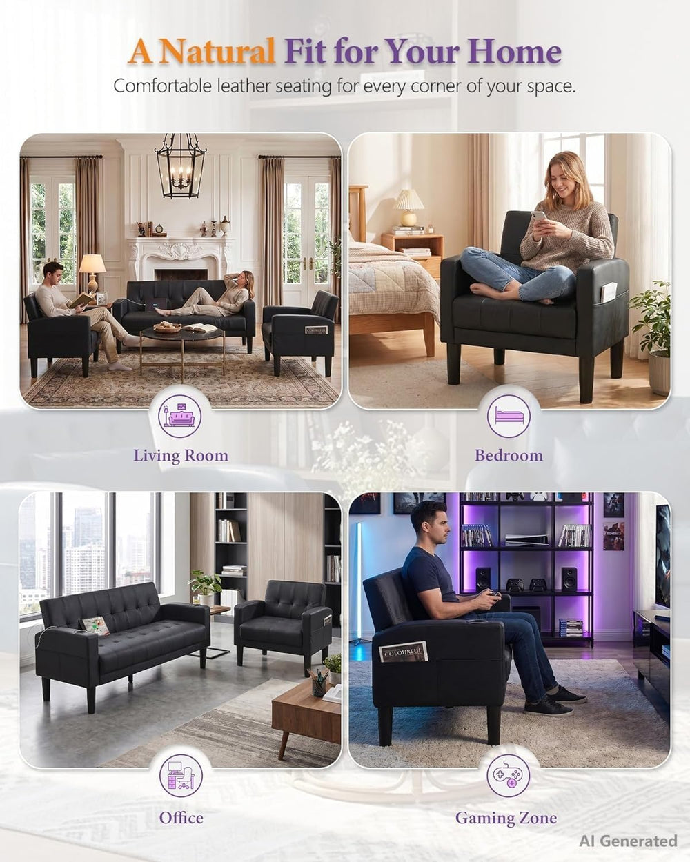 62" W Leather Loveseat and 2 Chairs, Living Room Sets w/Charging Station