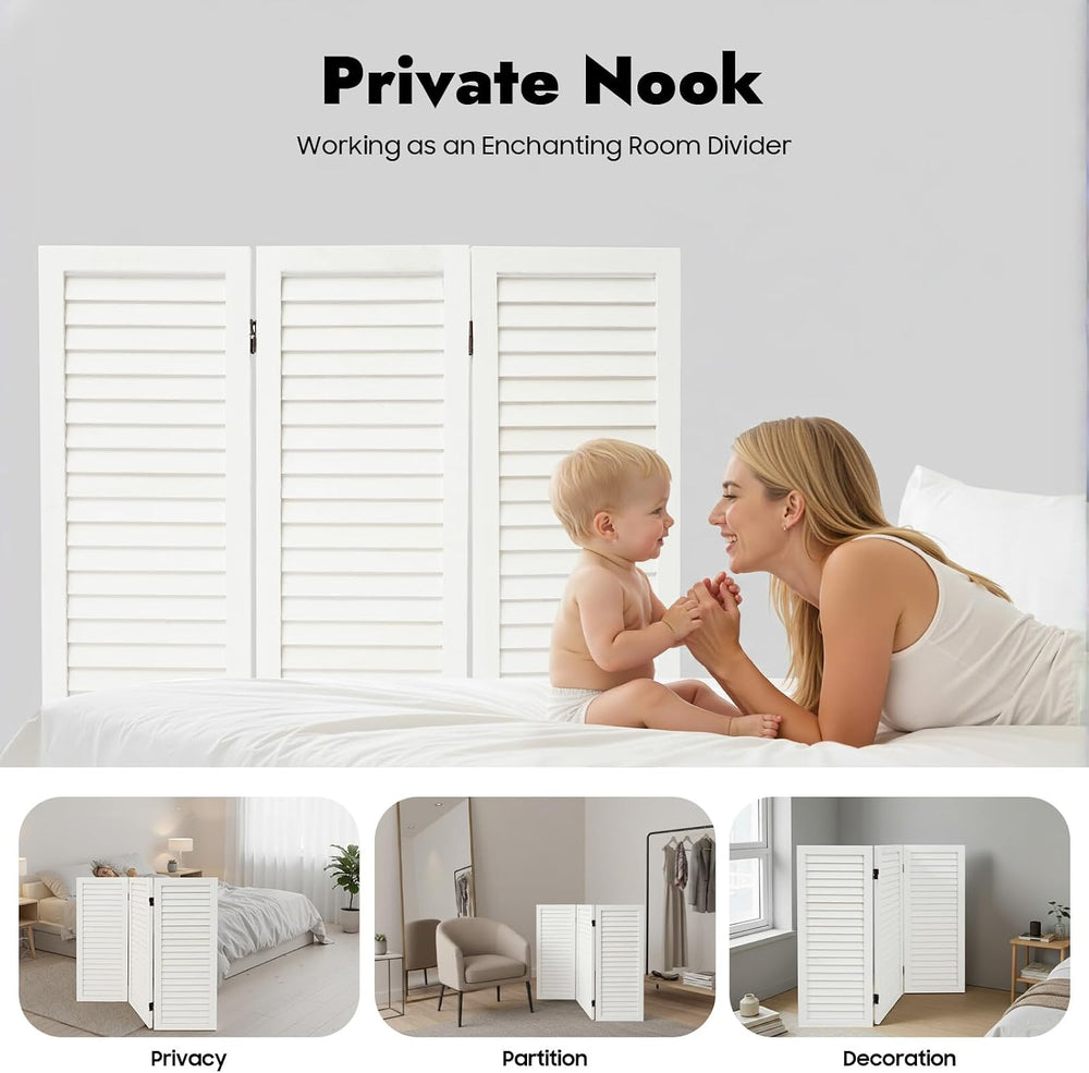 3 Panel Room Divider Screen White, Paulownia Wood Freestanding Privacy Partit...