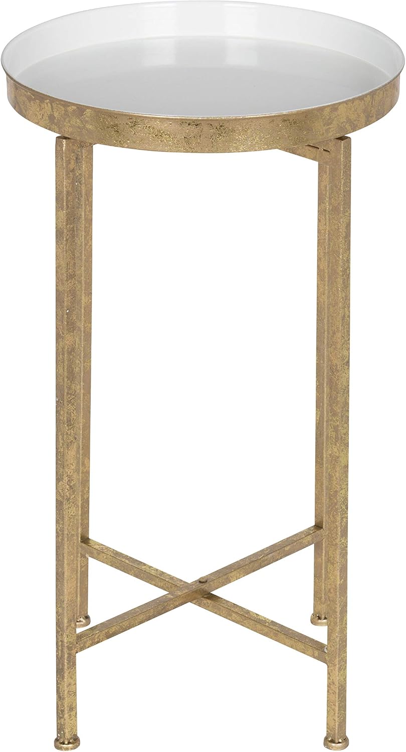 Kate and Laurel Celia Round Metal Foldable Tray Accent Table, White with Gold...