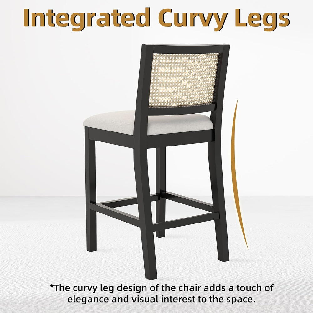 Rattan Bar Stools Set of 4, 26" Counter Height, Durable Black Wood Frame