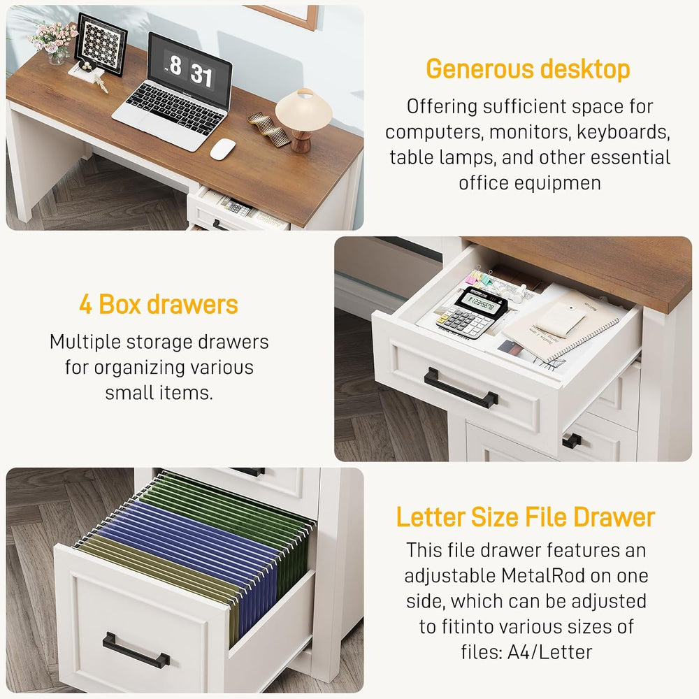 Vabches Farmhouse 49” Executive Desk with File Drawer, White Brown