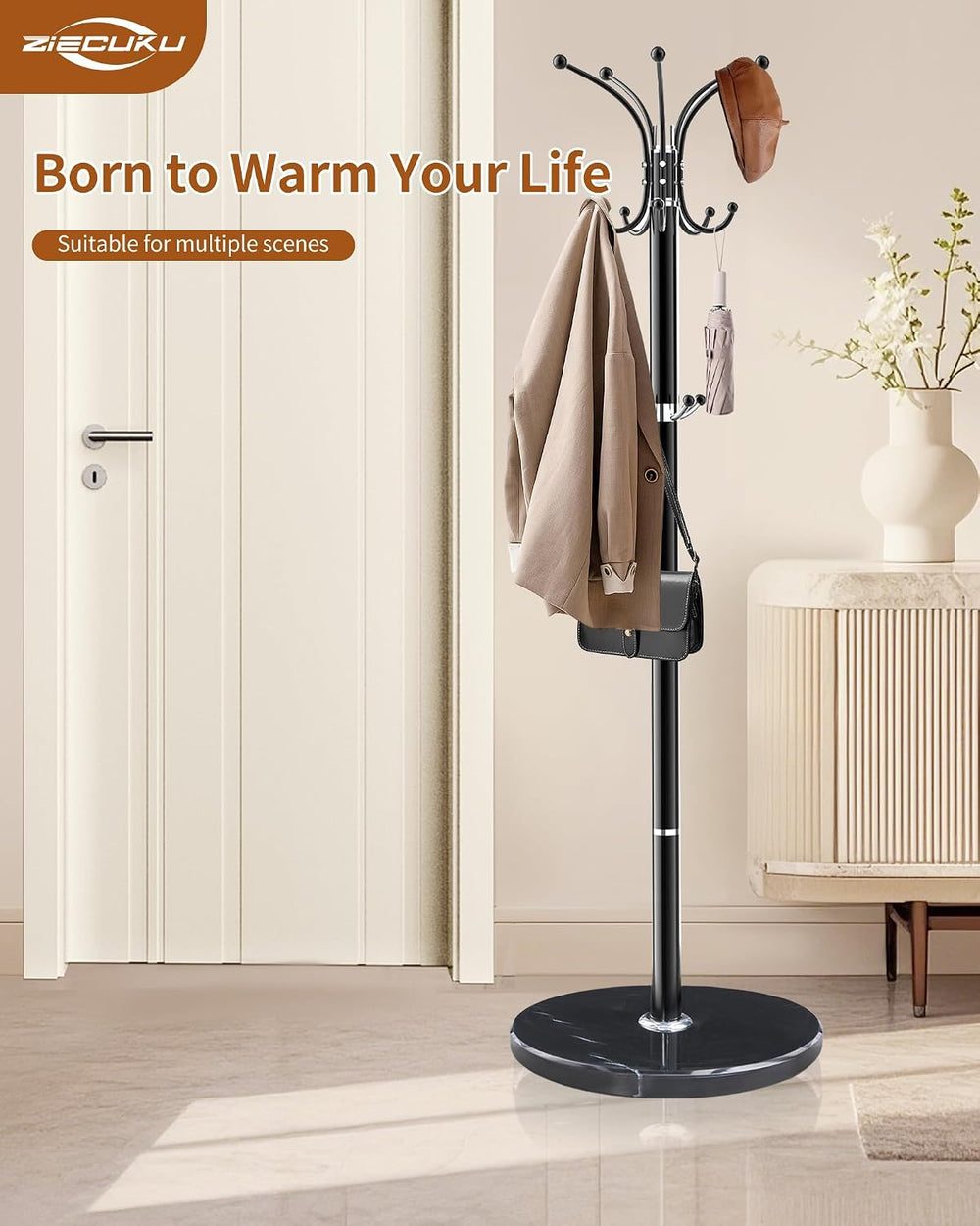 Metal Coat Rack Freestanding with 360°Rotary 14 Hooks Marble Base