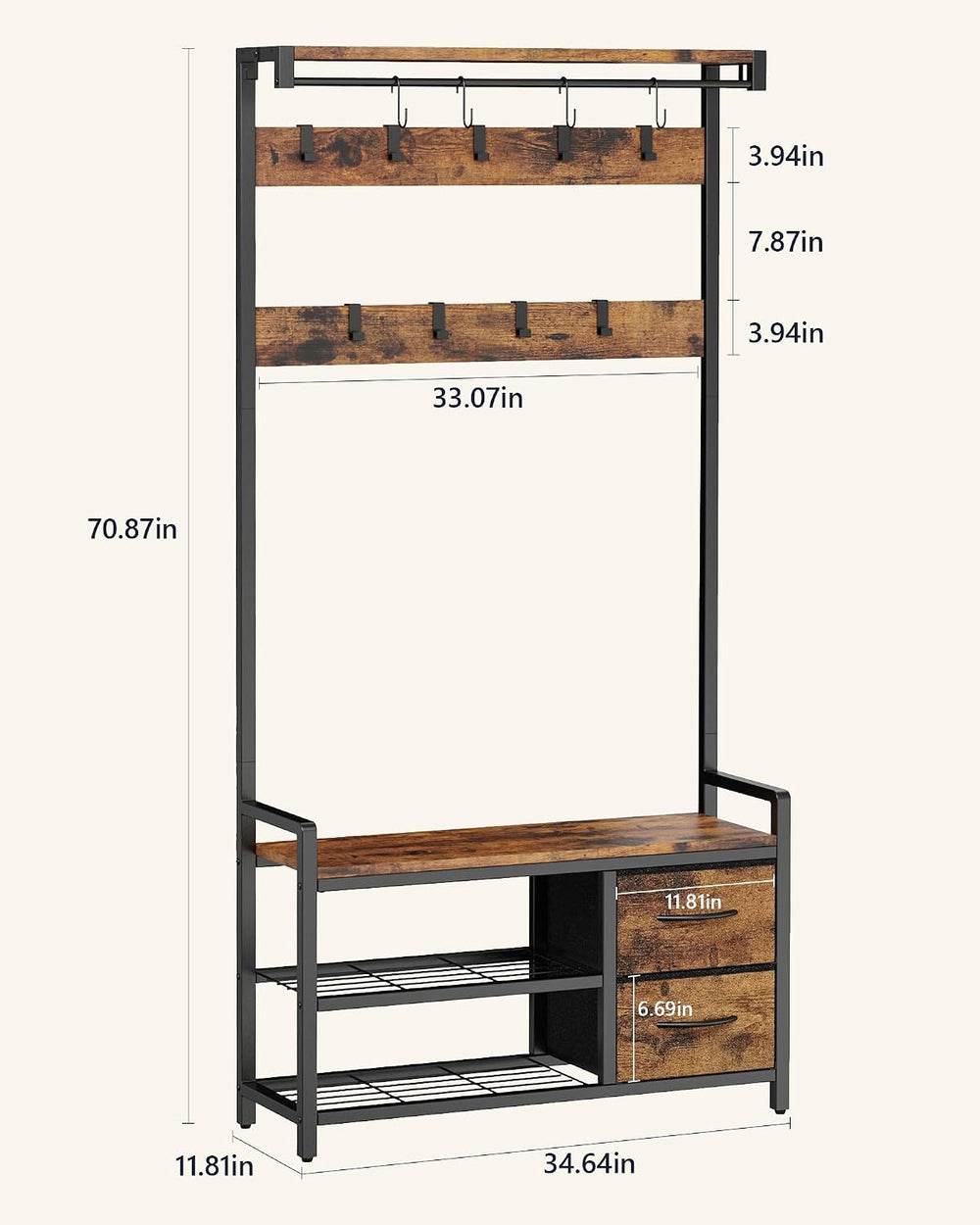 Hall Tree with Bench and Shoe Storage, 34.6" Entryway Coat Rack