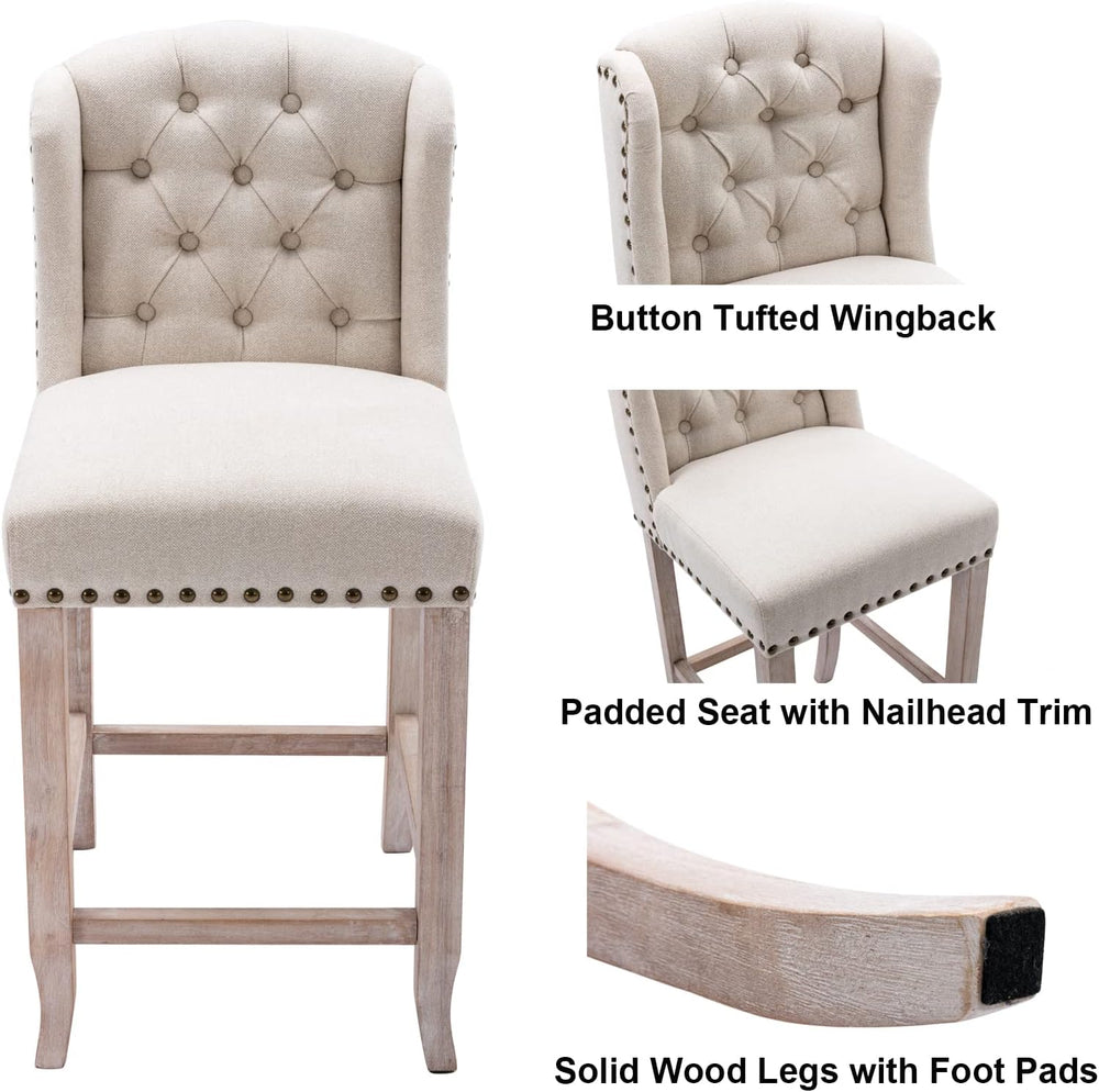 DUOMAY Tufted 26 Inch Counter Height Bar Stools Set of 2, Linen Upholstered C...