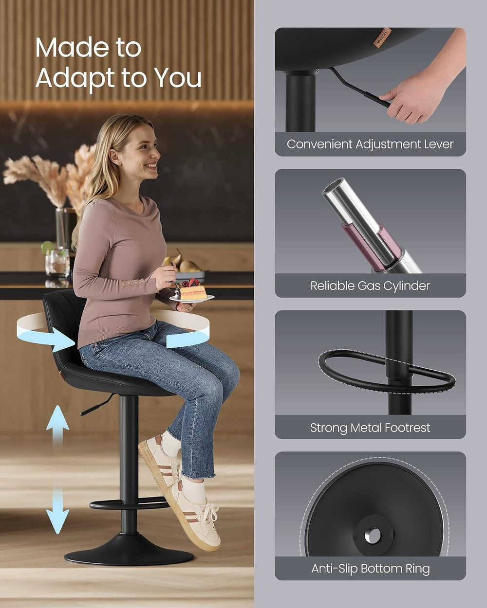 VASAGLE Bar Stools Set of 4, Adjustable Bar Chairs with Backs, 360° Swivel