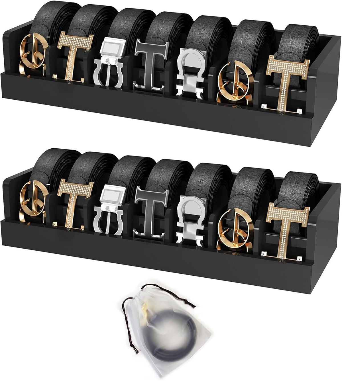 Belt Organizer for Drawer - Bamboo Belt Storage Organizer | Belt Rack for Closet Wall Mount Men Women Tie Sock Bra Scarf Ribbon (Black, 2 * 7Grids)