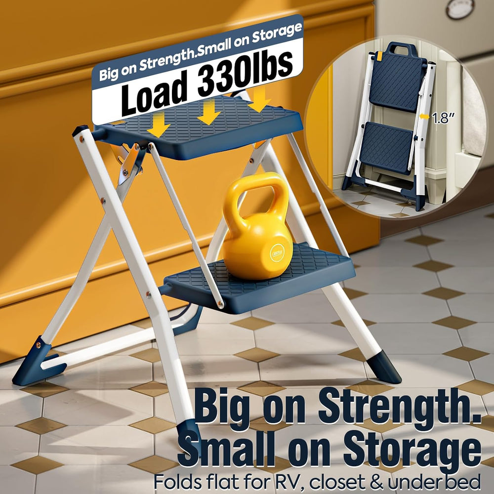 URACKIFY 2 Step Stool Ladder, Folding Step Ladders for Home, 330lb Cap,Blue