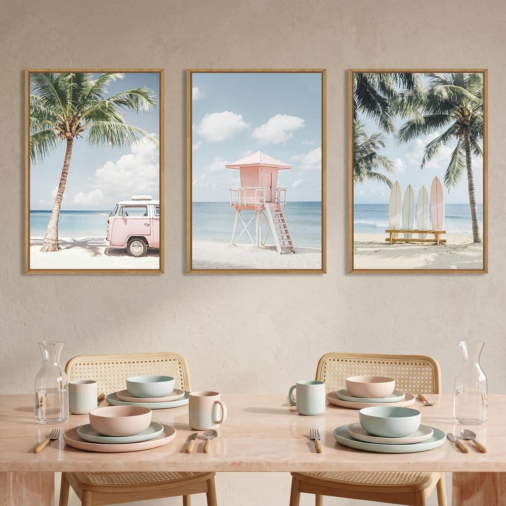 Celestdeco Beach Coastal Seascape Framed Canvas Wall Art Set-16"x24"x3