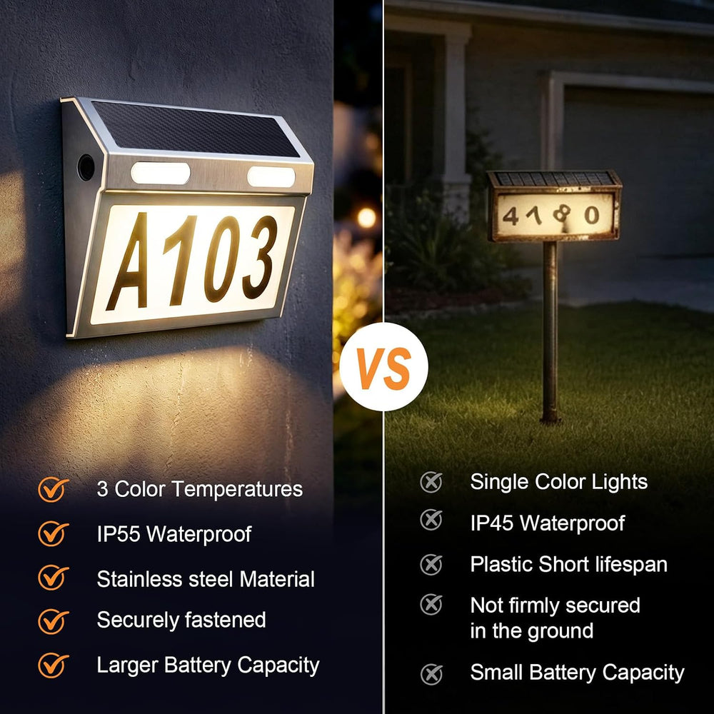Solar House Numbers for Outside, 3 Color Wall Mounted LED Address Signs