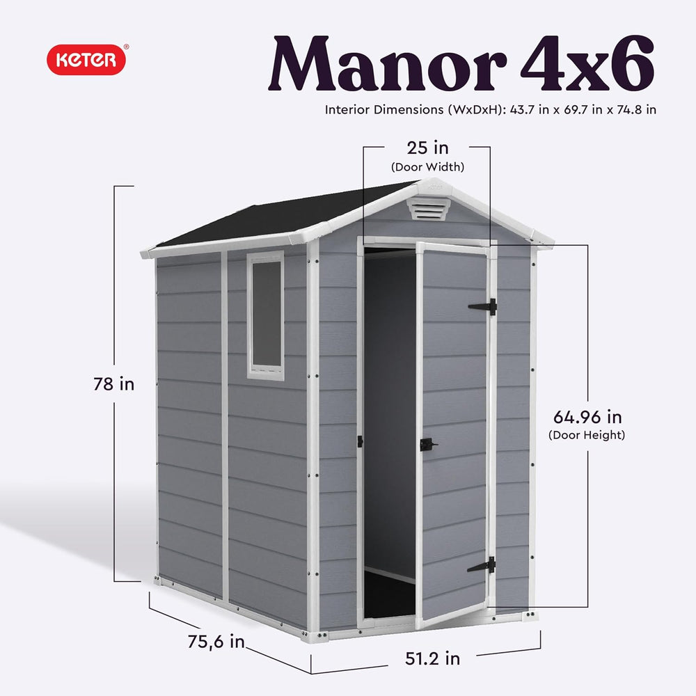 Keter Manor 4x6 Resin Outdoor Storage Shed Kit-Perfect to Store Patio Furnitu...
