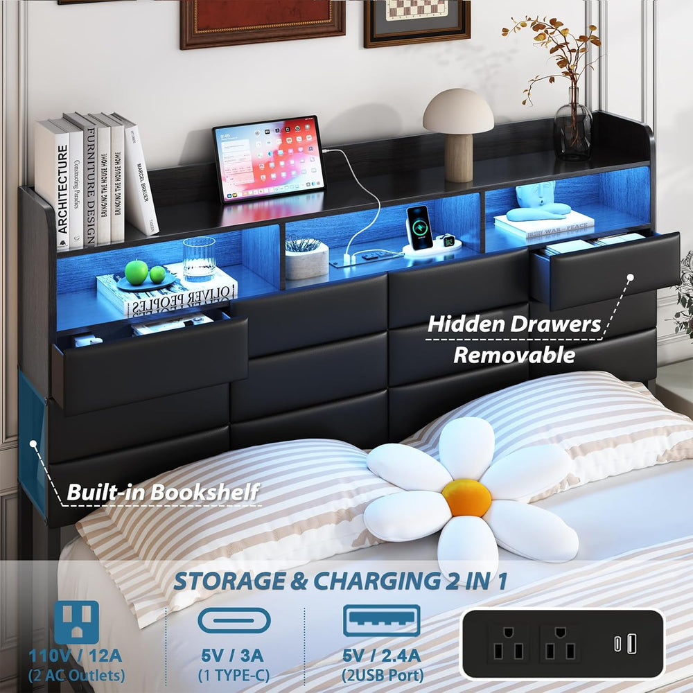 Full Bed Frame with Storage Headboard, Upholstered Black Bed Frame with 4 Dra...