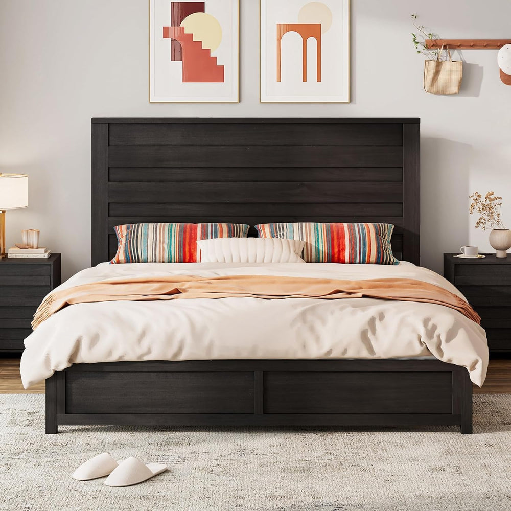 LUXOAK 3 Piece Slatted Bedroom Set Full Bed Frame & 2 Nightstands, Black