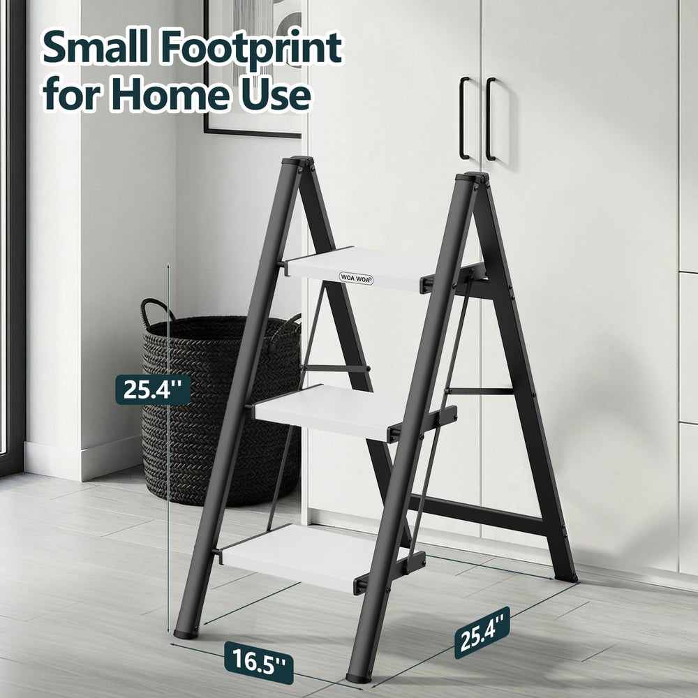 WOA WOA 3 Step Ladder, Foldable Step Stool, 300lbs Load, Black & White