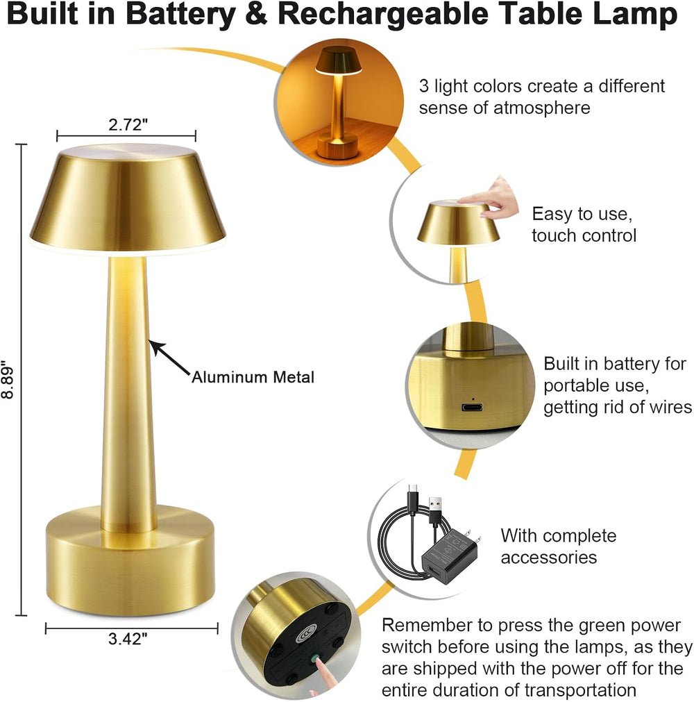 2 Pack Small Cordless Table Lamp for Restaurant, Gold Metal Lamp