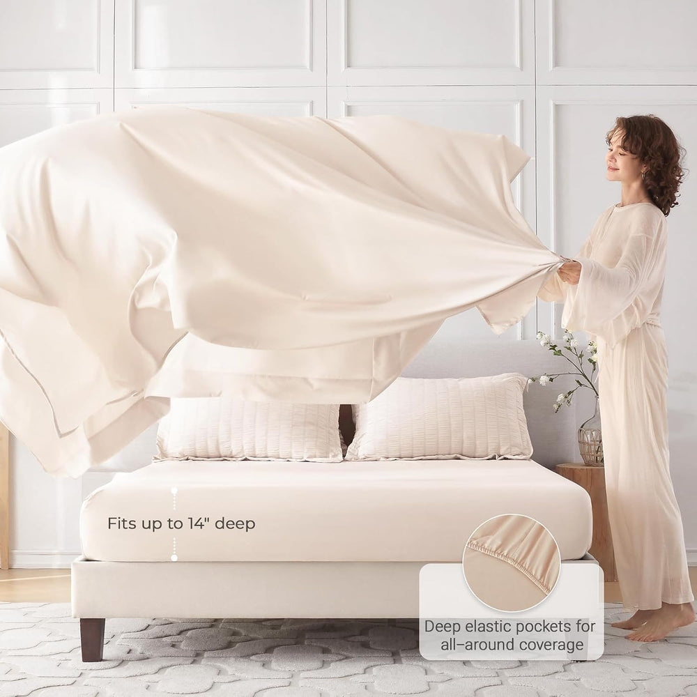 MUXHOMO Queen Comforter Set 7 Pieces, Seersucker Bed in a Bag, Beige