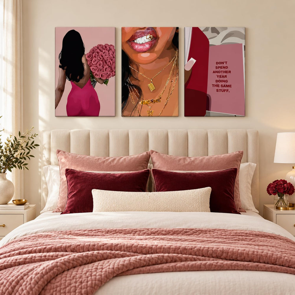Pink Fashion Black Woman Canvas Wall Art Set of 3 African American Girl Wall ...