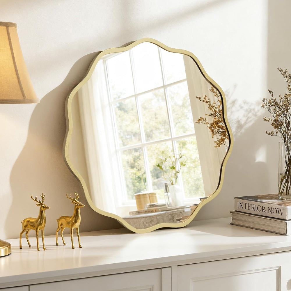 HOMECOOKIN 24" Wavy Round Wall Mirror, Gold Scalloped Circle Mirror Edge...