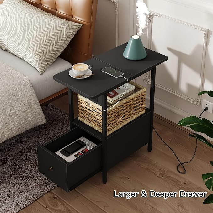 LIDYUK End Table with Charging Station, Narrow Side Table with Drawer and USB Ports & Power Outlets, Nightstand Bedside Tables for Small Spaces, Bedroom, Living Room, Black