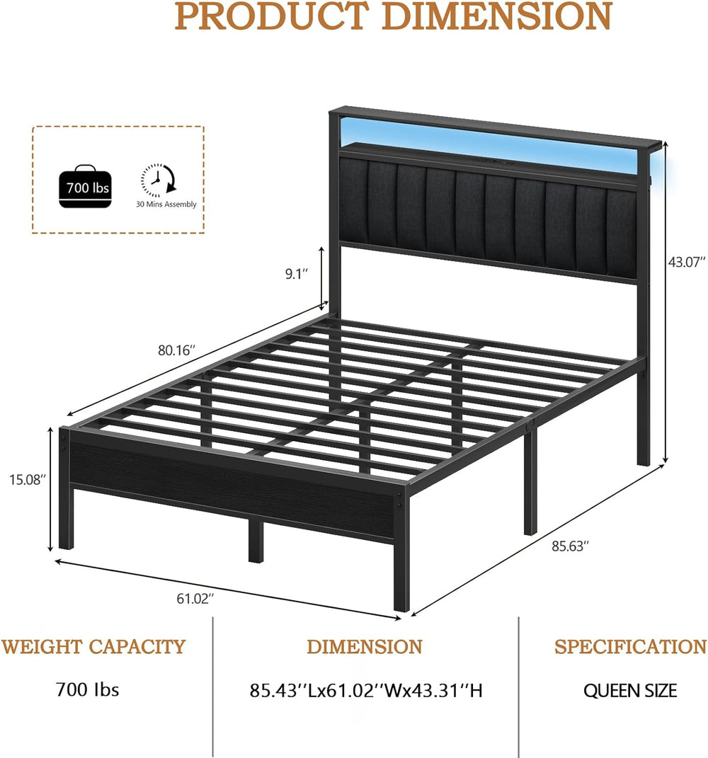Furnulem Queen Size Bed Frame with Charging Station and LED Lights