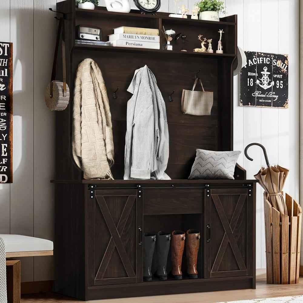 4ever2buy Farmhouse Hall Tree with Bench & Shoe Storage，Oak