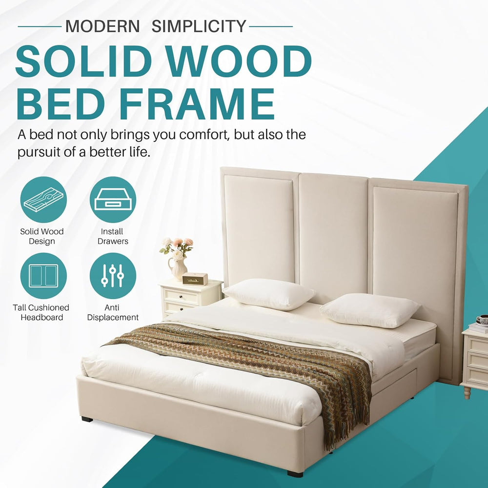 YUHUASHI King Storage Drawers Bed with 64" Upholstered Headboard，Beige