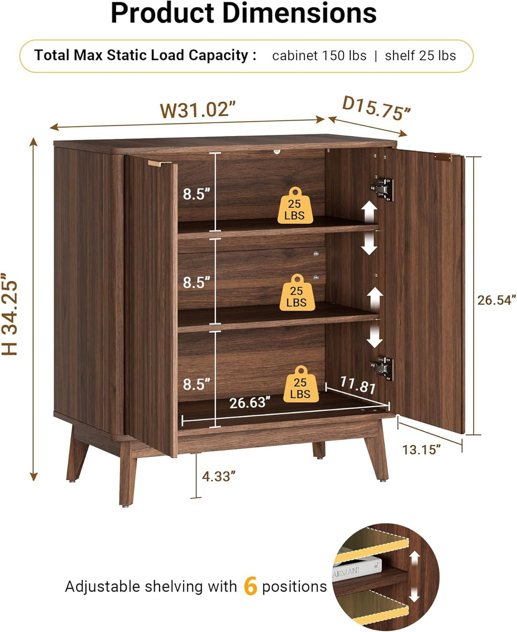 Buffet Cabinet, Small Coffee Bar Cabinet with Storage, Modern Walnut Fluted Sideboard Cabinet with Adjustable Shelf & Doors, Accent Credenza for Kitchen, Living Room, Entryway, Hallway