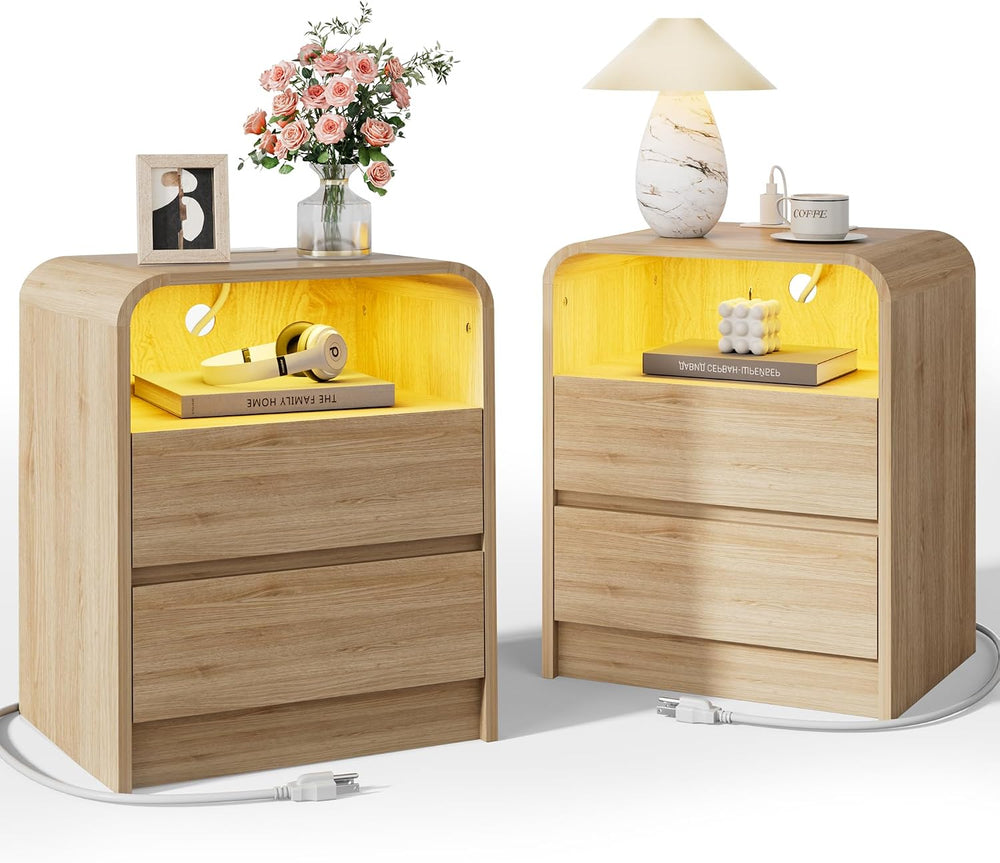18"W 2 Drawer Nightstands Set of 2 with Charging & RGB LED Light