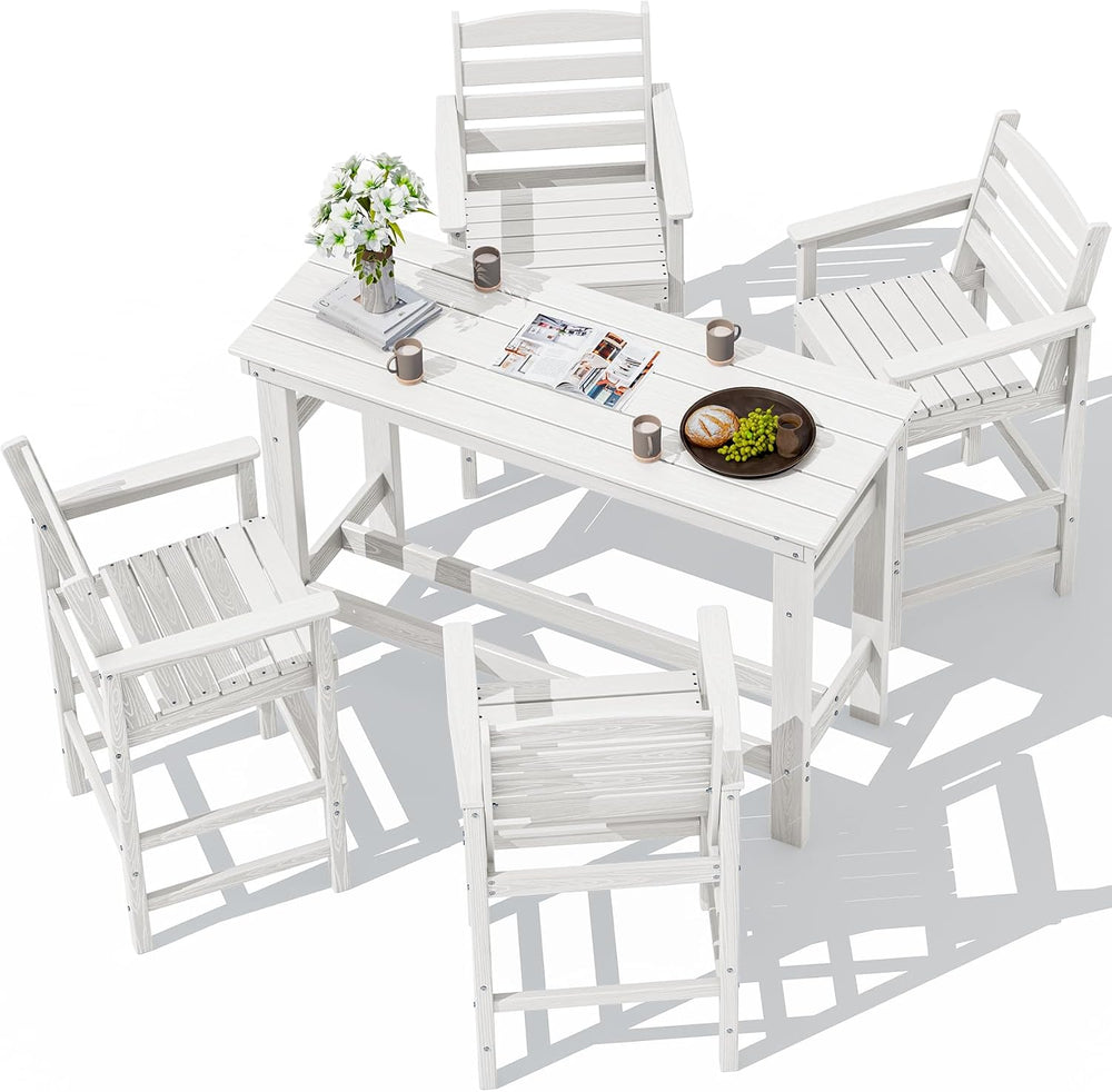 SERWALL Outdoor Bar Set, 4 Adirondack Bar Chairs & Bar Height Table, White
