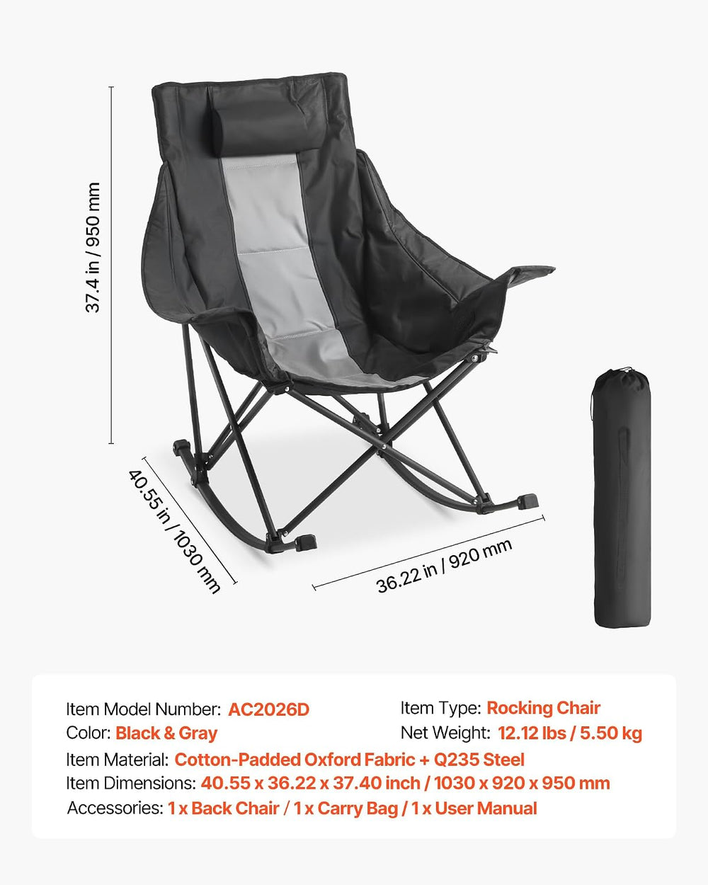 VEVOR Rocking Camping Chair, Portable Folding Rocker, Heavy-Duty Lawn Chair R...