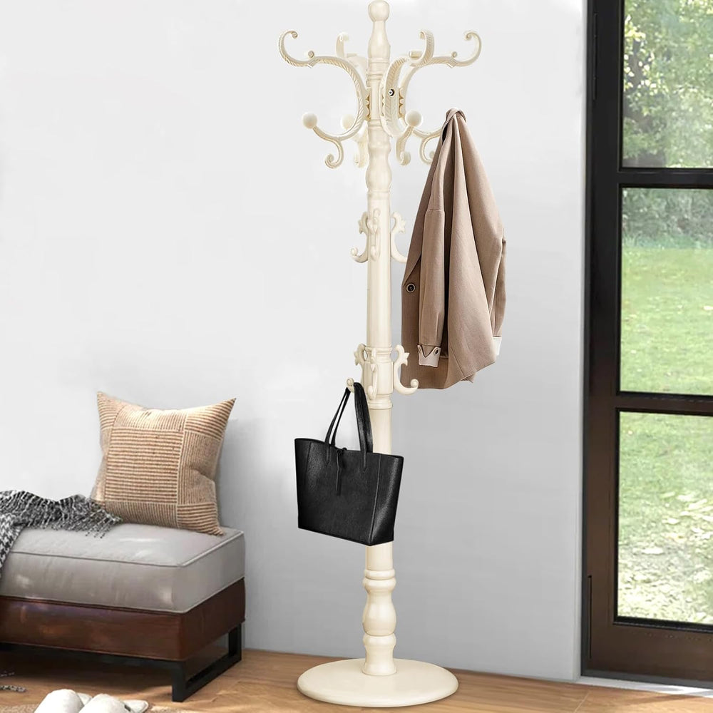 Coat Rack Freestanding, Wooden Coat Tree with Stable Round Base, Vintage Heav...