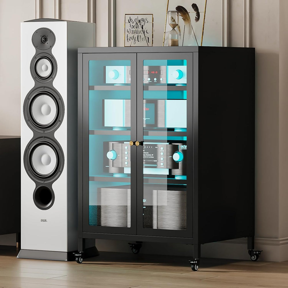 Metal Media Cabinet with 13-Color LED Lights & Swivel Wheels, 4-Tier Ster...
