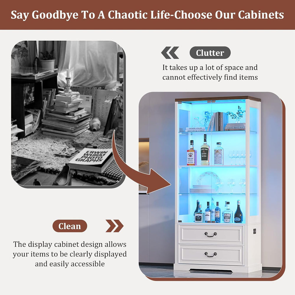 TAGELIER 67" Tall Display Cabinet with Glass Doors and 2 Drawers, White