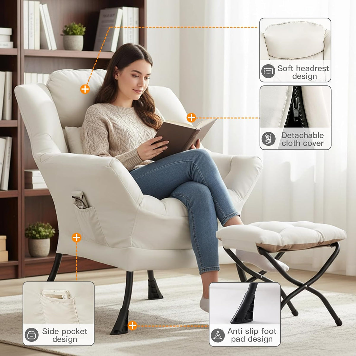 Lazy Chair with Ottoman, Comfy Reading Chair for Bedroom