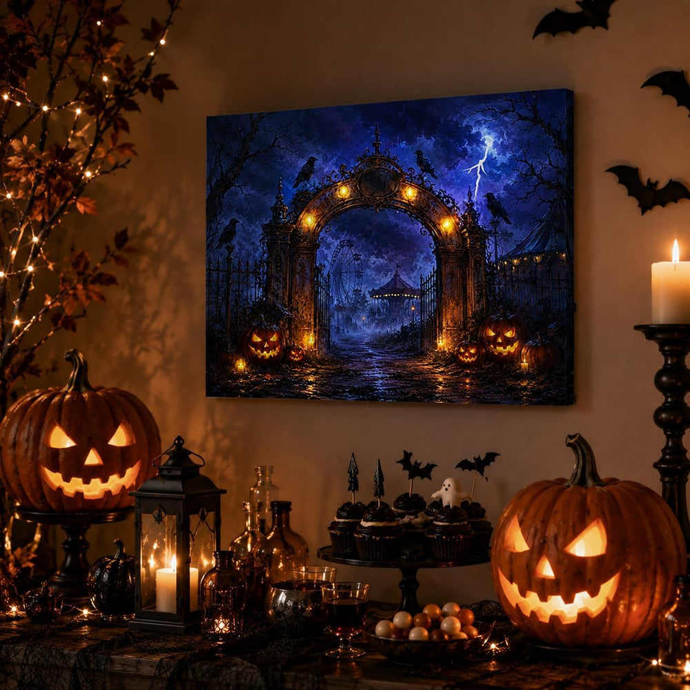 Artiluxy Halloween LED Canvas Wall Art, Haunted Amusement Park, 20x15 Inch