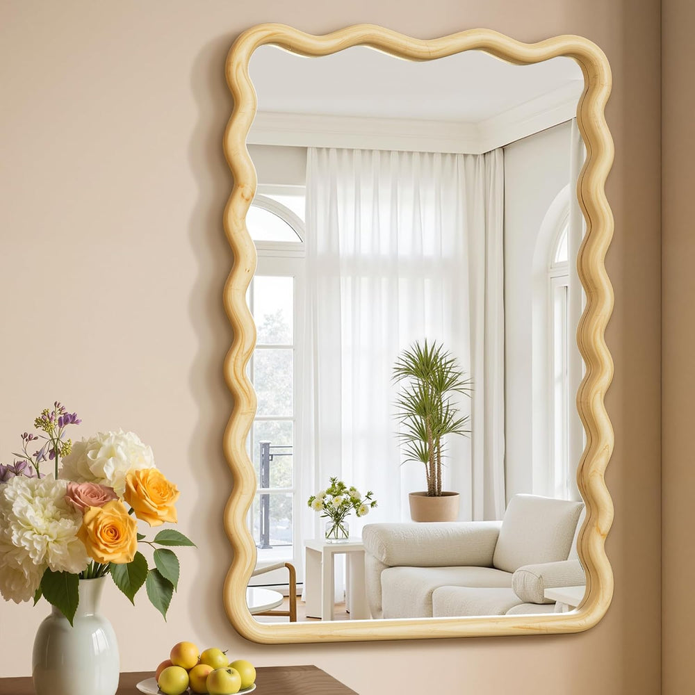 Wavy Wood Bathroom Vanity Mirror, 20"x30" Boho Decorative Wall Mirror
